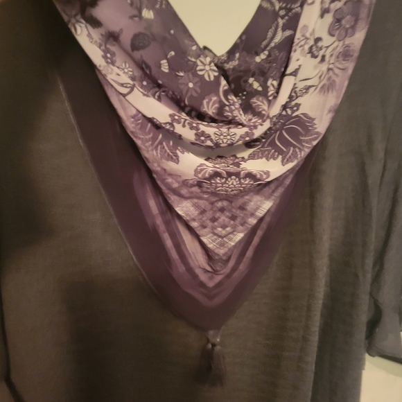 Plus Size Ruffle Short Sleeve Solid Knit Top with Attached Fringe Tassel Scarf - Picture 11 of 11